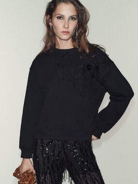 NWT Zara Woman ORGANZA FLOWER SWEATSHIRT Black Size L Large